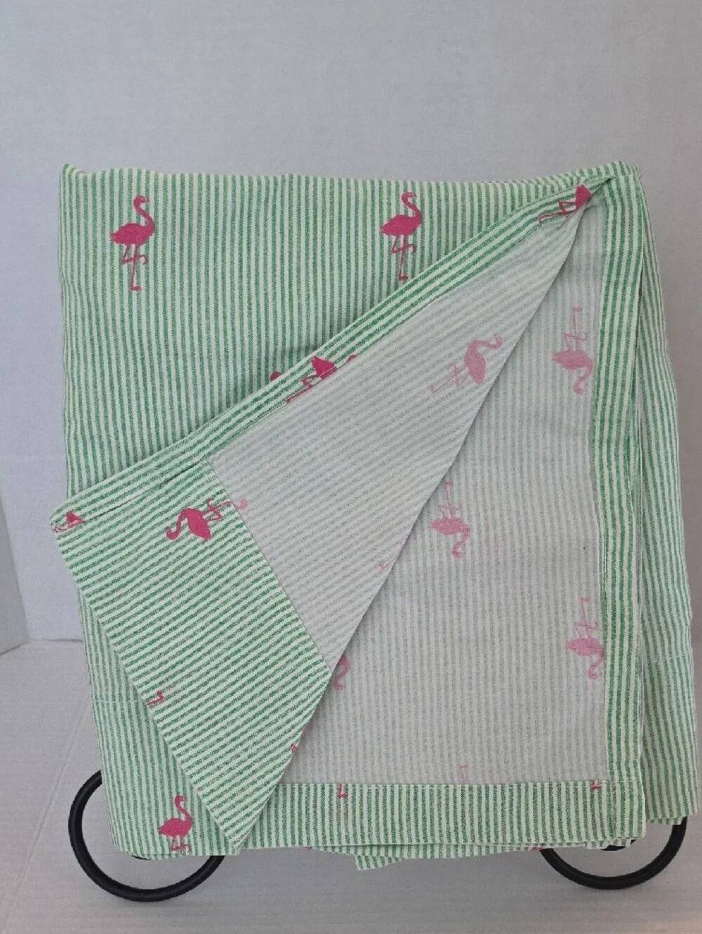 Tommy Hilfiger Green White Striped Pink Flamingo Cotton Twin Sheet